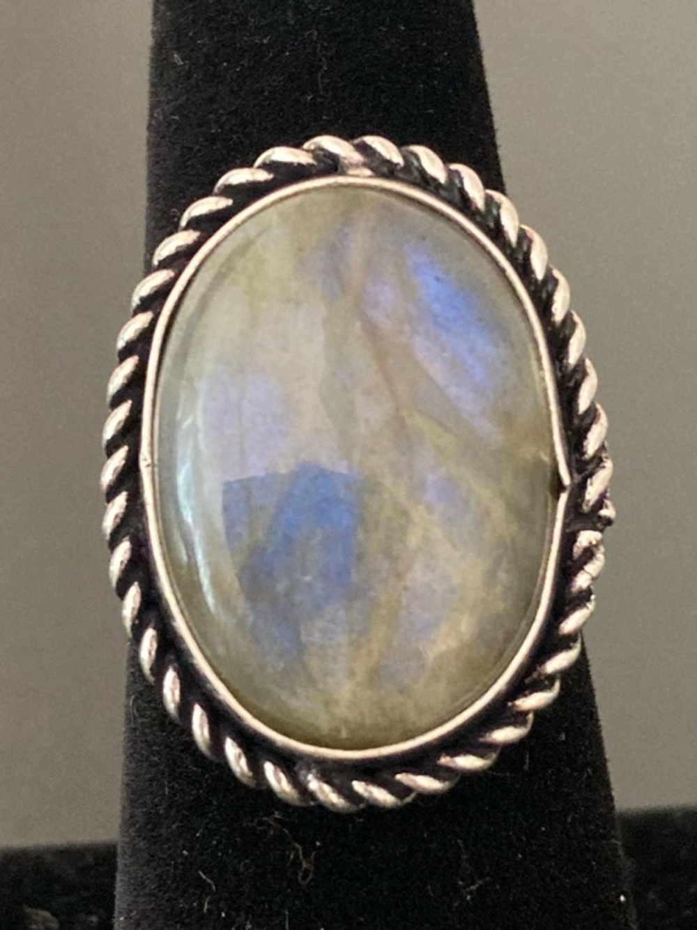 Labradorite Oval Silver-Tone Statement Ring - Blue-Green Flash